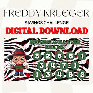 Horror Movie icon savings challenge printable | Freddy Krueger save 50 savings game digital download cash budget system low income budget