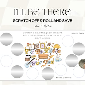 Friends Roll & Scratch Savings Challenge Save 65+ Dice and Scratch Budget Game Central Perk Cash Envelope Tracker A6 Printable
