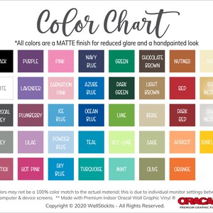 May include: A color chart featuring a grid of forty-one square color swatches with labels including black, white, various shades of blue, green, pink, brown, red, and metallic tones. The text reads Color Chart, All colors are a MATTE finish, and Oracal.