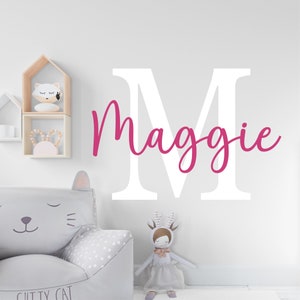 Peut inclure: Lettre M blanche avec le nom Maggie écrit en cursive rose sur un mur blanc. Un fauteuil gris avec un motif de visage de chat est au premier plan.