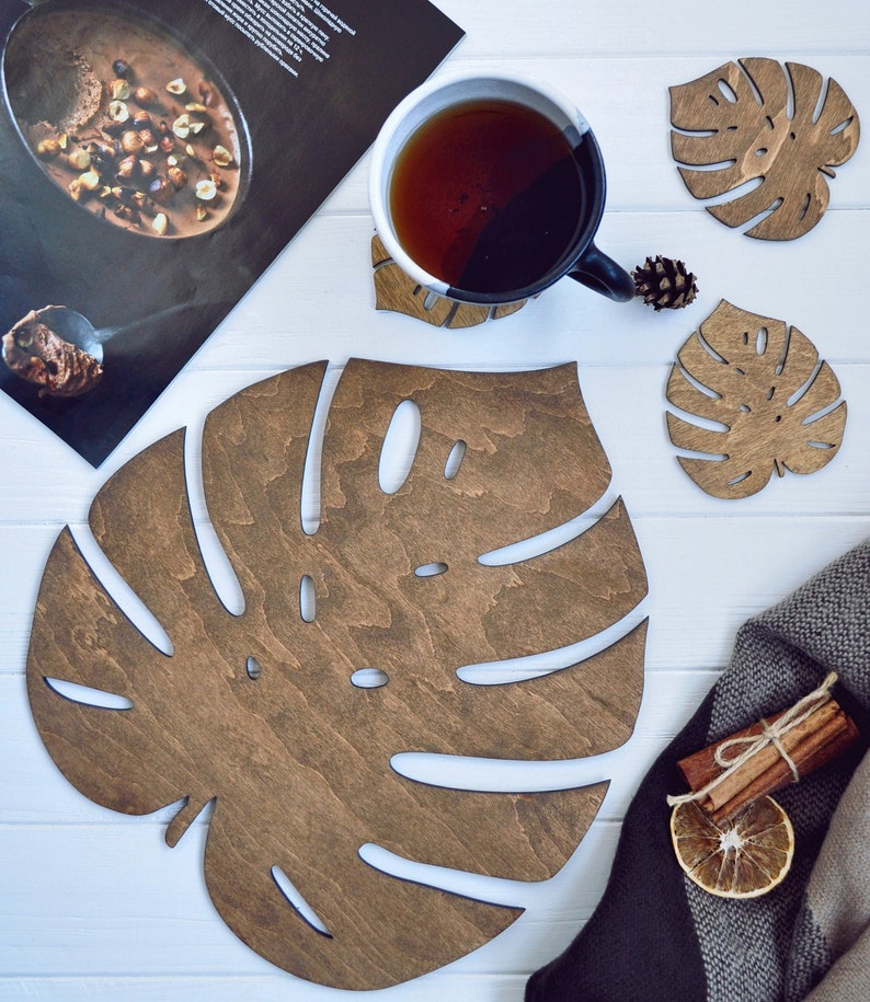 Wooden Rustic Placemats Monstera Leaf Handmade Nature Decor for Wedding Table Decoration Mats Kitchen Decor Wood Botanic Placemat image 6