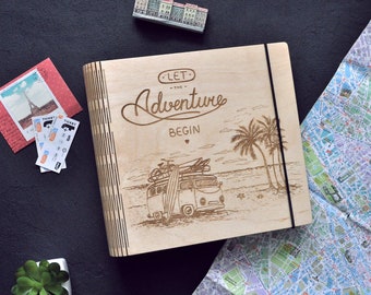 Álbum de fotos de viaje Álbum de fotos de madera personalizado Álbum de recortes de aventuras en la playa Libro de recuerdos de palmas Diario de viaje Regalo personalizado para viajeros