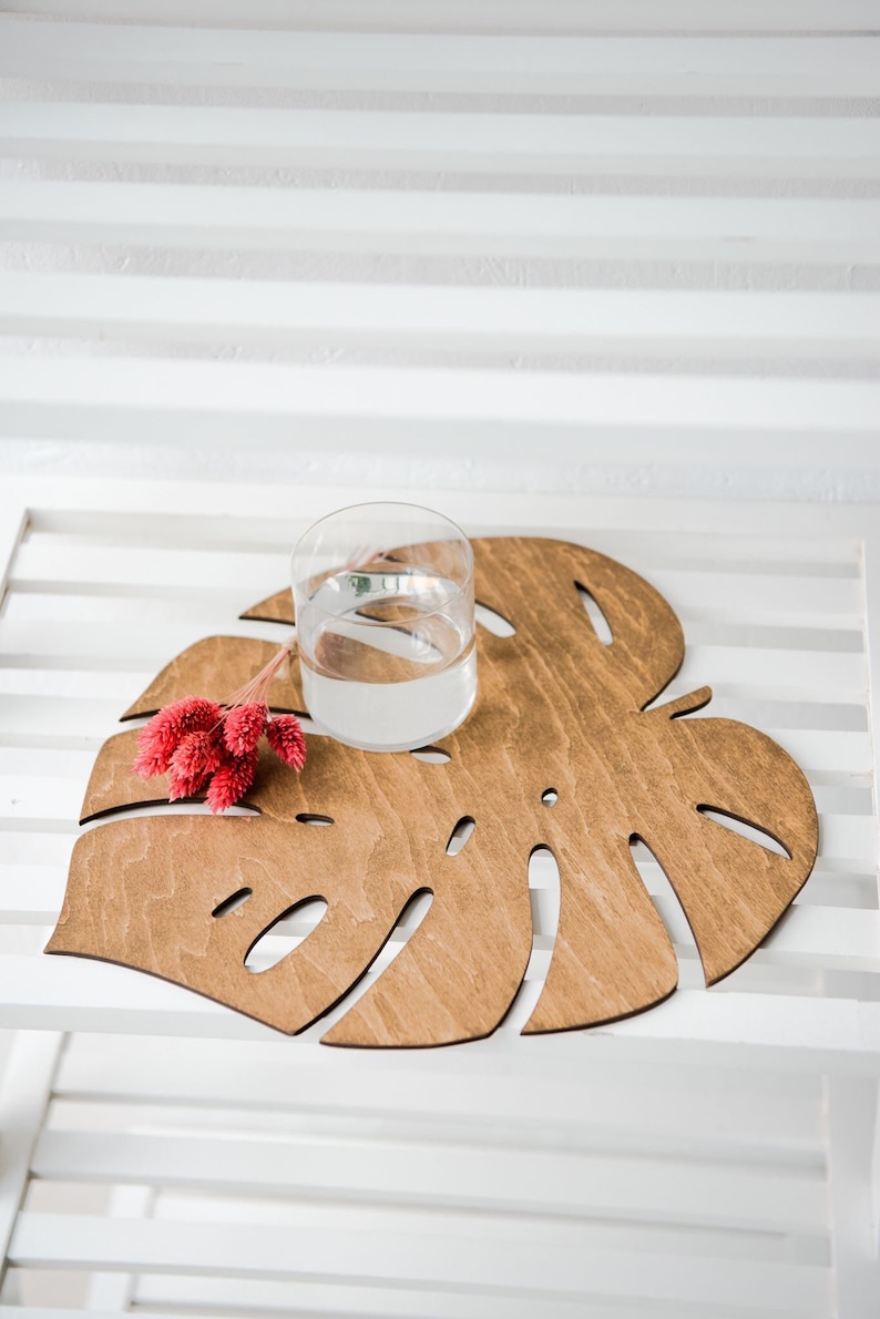 Wooden Rustic Placemats Monstera Leaf Handmade Nature Decor for Wedding Table Decoration Mats Kitchen Decor Wood Botanic Placemat image 3