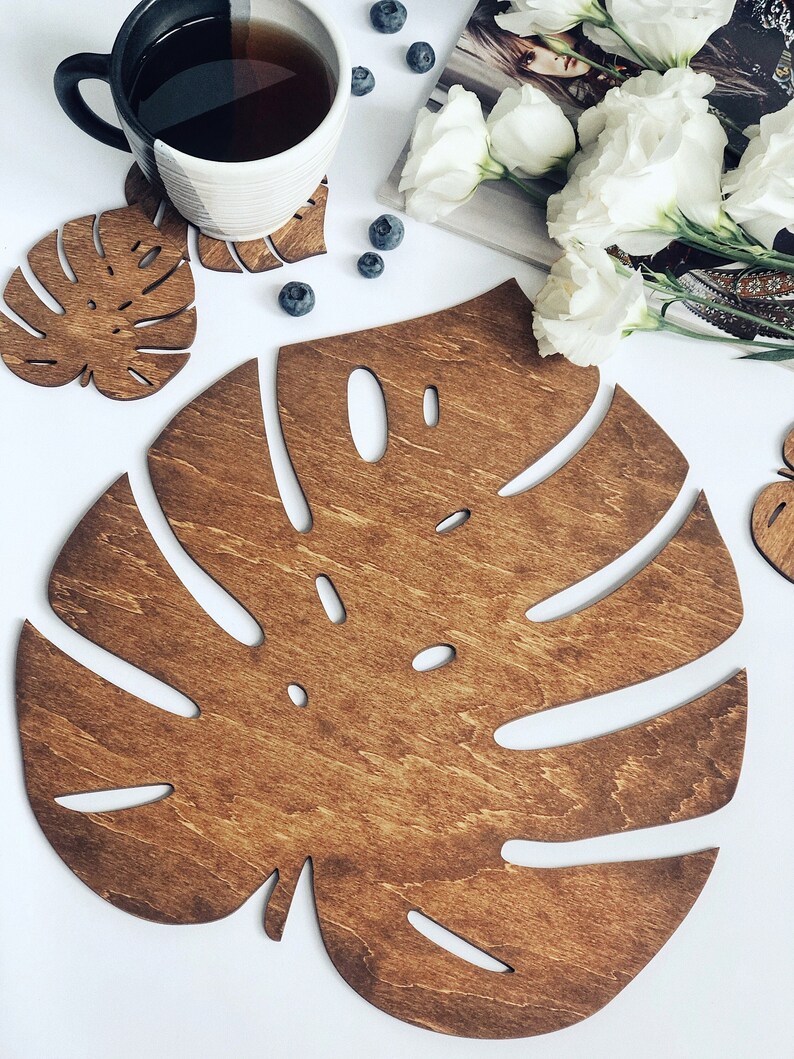 Wooden Rustic Placemats Monstera Leaf Handmade Nature Decor for Wedding Table Decoration Mats Kitchen Decor Wood Botanic Placemat image 1