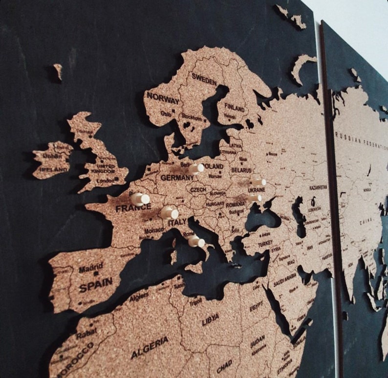 Wall World Map Push Pin Wood Cork Map Personalized Travel image 1