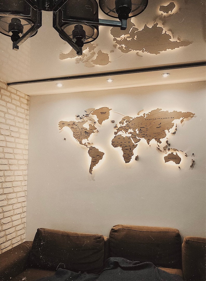 Light Wood Wall Map of the World Map Wall Art Large Travel LED Etsy