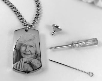 Custom Urn Necklace, Photo Engraved Urn, Fingerprint Urn, Memorial Necklace, Cremation Jewelry, Personalized Pet loss Necklace, Dog Tag Urn