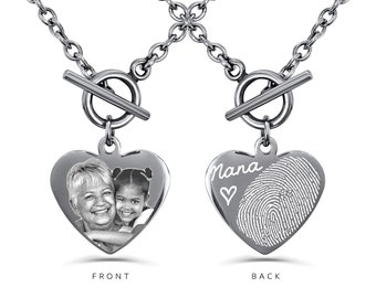 Actual Fingerprint Necklace, Engraved Thumbprint Jewelry, Handwriting Necklace, Engraved Photo Chain - Photo Heart Pendant - Memorial Gift