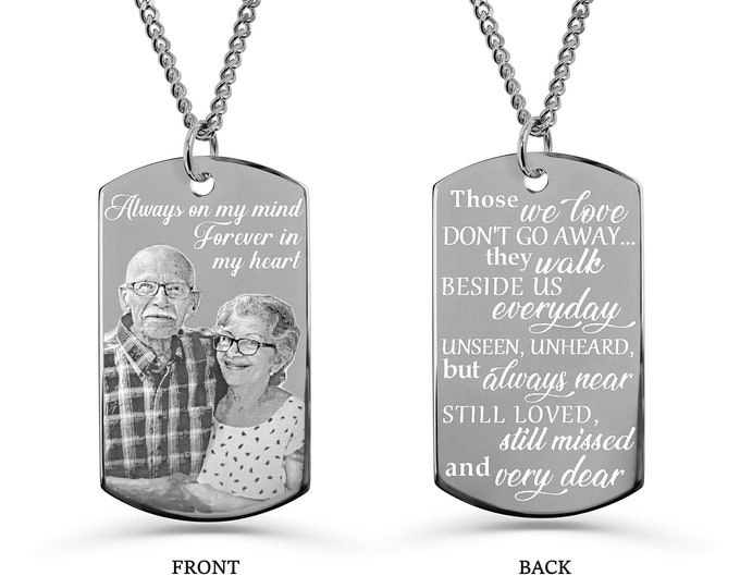 Sympathy Gift, Mom Dad Memorial Necklace, Engraved Custom Dog Tag, Parent Loss Jewelry, Keepsake Jewelry, Personalized Dog Tag, Photo Gift