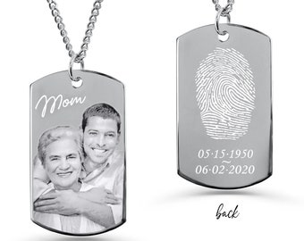 Photo Engraved Dog Tag Necklace, Actual Fingerprint Jewelry, Memorial Necklace, Thumbprint Necklace, Custom Photo Necklace, Keychain Gift