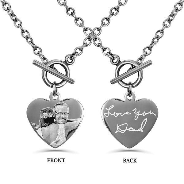 Personalized Heart Toggle Clasp Necklace, Dad Picture Engraved Necklace, Engraved Photo Heart Necklace, Custom Actual Handwriting Jewelry