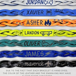 May include: A set of seven braided leather bracelets with different colored leather and engraved names, dates, and symbols. The bracelets are hand-dyed and may have slight shade variations.