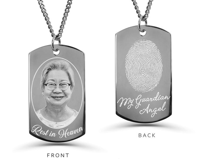 Actual Fingerprint Necklace, Engraved Thumbprint Jewelry, Custom Photo Dog Tag, Memorial Necklace, My Guardian Angel Dog Tag Keepsake