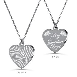 Actual Fingerprint Necklace, Engraved Fingerprint Jewelry, Heart Thumbprint Necklace, Memorial Necklace, My Guardian Angel Necklace Gift