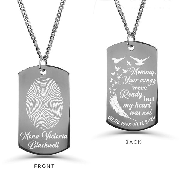Actual Fingerprint Necklace, Engraved Thumbprint Jewelry, Photo Custom Dog Tag, Memorial Necklace, Personalized Gift, Loss of Loved One