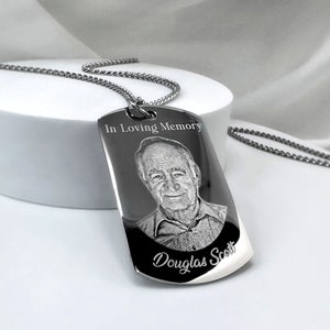 In Loving Memory Custom Dog Tag Necklace, Personalized Engraved Photo Fingerprint Quote, Engraved Message Stainless Steel Chain Gift for Him