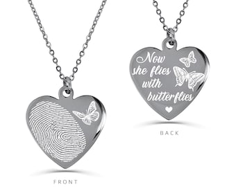 Now She Flies With Butterflies Thumbprint Memorial Necklace, Personalized Jewelry, Remembrance Gift, Engraved Fingerprint Keepsake Gift