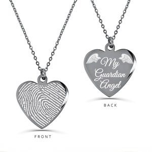 Actual Fingerprint Necklace, Engraved Fingerprint Jewelry, Heart Thumbprint Necklace, Memorial Necklace, My Guardian Angel Necklace Gift