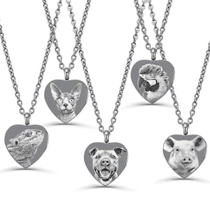May include: Five silver heart-shaped pendants with different animal images engraved on them. The pendants are attached to silver chains.