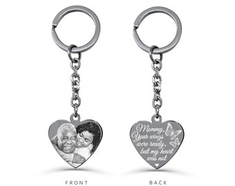 May include: Silver heart-shaped keychain with a photo of two people on the front and the text "Mommy, Your wings were ready, but my heart was not" with a butterfly on the back.