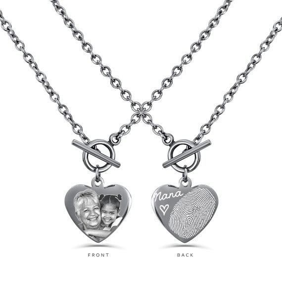 Actual Fingerprint Necklace, Engraved Thumbprint Jewelry, Handwriting Necklace, Engraved Photo Chain - Photo Heart Pendant - Memorial Gift