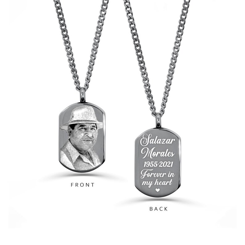 Stainless steel photo engraved dog tag urn, personalized necklace with picture and fingerprint, memorial necklace for men, Actual thumbprint handwriting heartbeat sound wave QR code ultrasound, Custom Gift for Dad Brother Grandpa Boyfriend Husband
