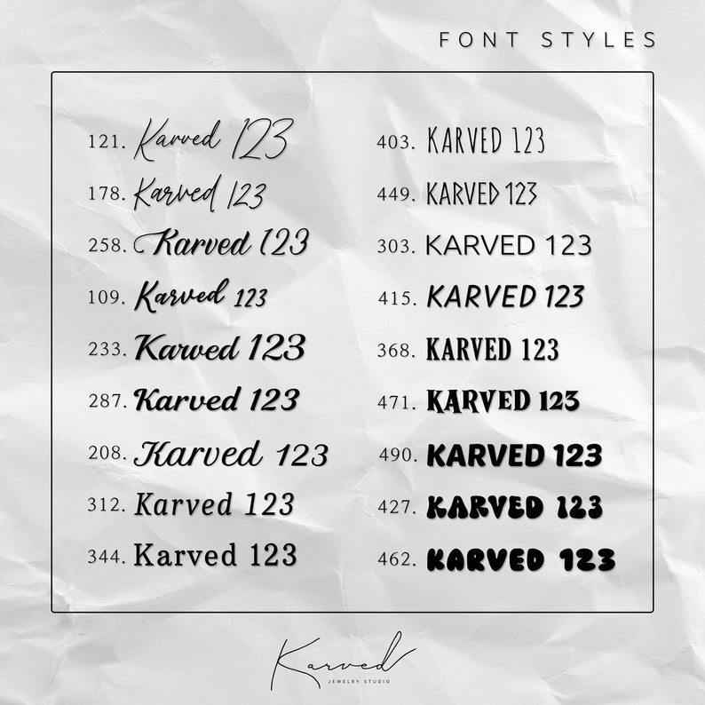 May include: A white background displays a variety of "Karved 123" font styles, with numbers and text in different weights and designs. The words "FONT STYLES" are at the top, and the "Karved" logo is at the bottom.