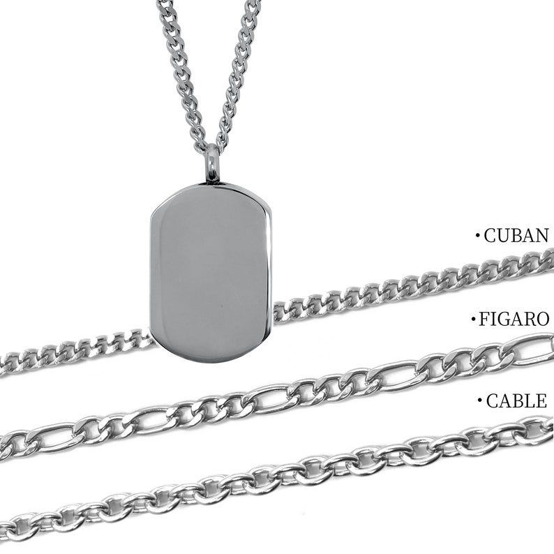 May include: A silver-colored dog tag pendant on a chain, with three chain styles displayed below: Cuban, Figaro, and Cable. The pendant is rectangular with rounded edges and a polished finish.