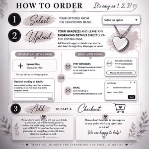 May include: An instructional graphic with the text "How to Order" and steps 1, 2, and 3. The steps include selecting options, uploading images, and adding to cart. A heart-shaped pendant is shown.