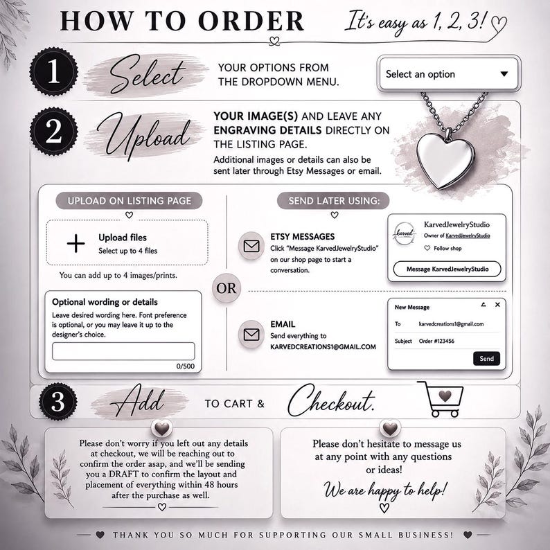 May include: An instructional graphic with the text "How to Order" and steps 1, 2, and 3. The steps include selecting options, uploading images, and adding to cart. A heart-shaped pendant is shown.