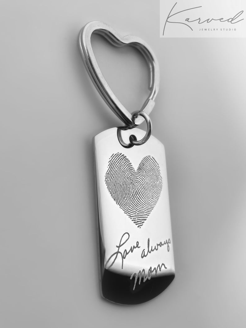 Actual Fingerprint Keychain Engraved Fingerprint Handwriting Etsy