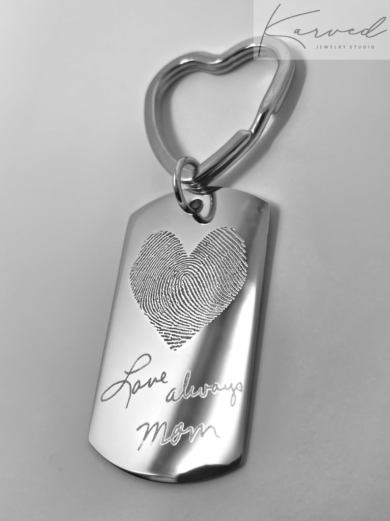 Actual Fingerprint Keychain Engraved Fingerprint Handwriting Etsy