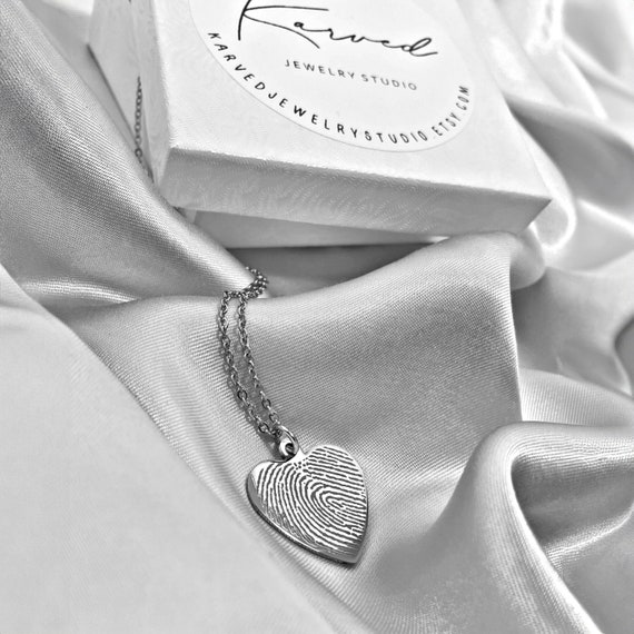 Thumbprint Necklace, Engraved Fingerprint Handwriting Jewelry, Custom Heart Charm, Memorial Jewelry, Personalized Gift, Heart Fingerprint