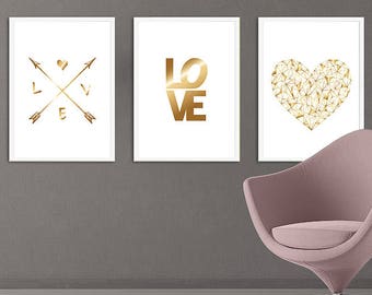 Set of 3 Print, Love Print, Gold Love Wall Art, Printable Art, Bedroom Wall Art, Modern Wall Decor, Gold Heart Art, Love Quote, Love Sign