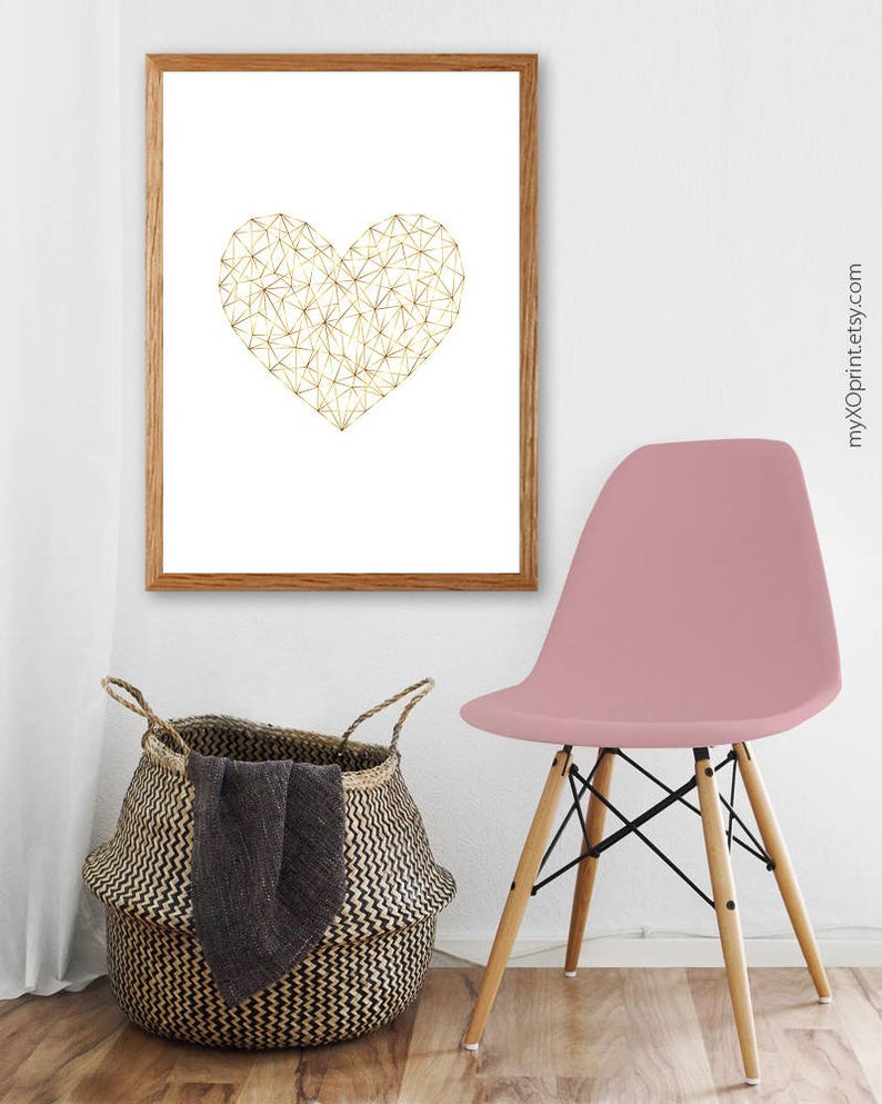 Heart Print Gold Heart Art Geometric Heart Bedroom Wall Etsy