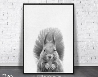 Woodland Animal, Wall Art, Animal Print, Black White Nursery, Squirrel Print, Printable Art, Forest Animals, Kids Room Art, Digital Download