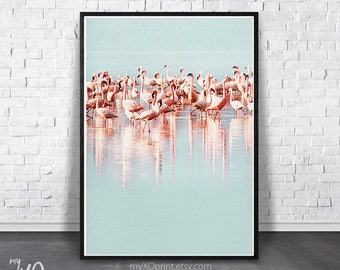 Tropical Flamingo Wall Art, Flamingo Print, Flock of Bird, Modern Color Print, Pastel Water, Pink Turquoise, Digital Download Printable Art