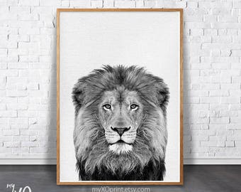 Lion Print, Animal wall art Print, Safari Nursery, Printable Animal, Black White Lion, Large Poster, Kids Room Decor, Nursery Art, Boys Room