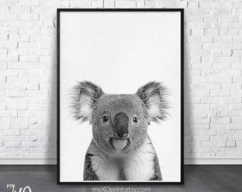 Cadeau de douche de bébé, impression d’ours de koala, animal de pépinière imprimable, art de mur de chambre d’enfant, affiche de pépinière, téléchargement instantané numérique, décor blanc noir