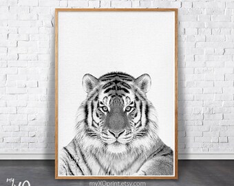 Tiger Print, Baby Room Print, Nursery Animal Wall Art, Safari Animal Print, Black And White Art, Digital Download, Kid Room Printable Poster