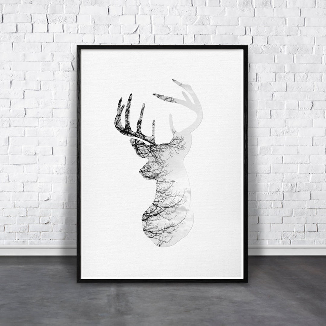 Deer Art Deer Print Wall Art Woodland Print Black and Etsy