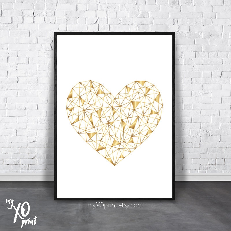 Gold Heart Print Heart Wall Art Geometric Heart Bedroom - Etsy