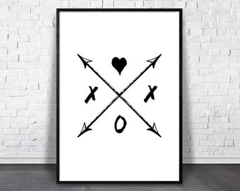 XO Print, Arrow Wall Art, Love Print, Heart Print, Hugs And Kisses, Printable Poster, Valentines Gift, Typography Printable, Minimalist Love