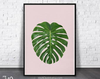 Tropical Leaf Print, Pink Wall Art Poster, Large Printable Art, Digital Download, Pink Leaf Print, Plant Print, Monstera Leaf Wall Art Print