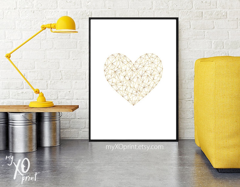 Heart Print Gold Heart Art Geometric Heart Bedroom Wall Etsy
