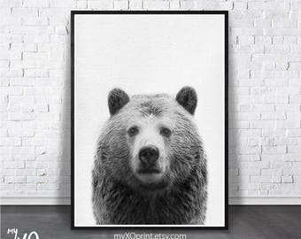 Nursery Woodland, Bear Print, Printable Art, Bear Wall Art, Black and White, Animal Print, Kids Room Art, Digital Download, Forest Animal