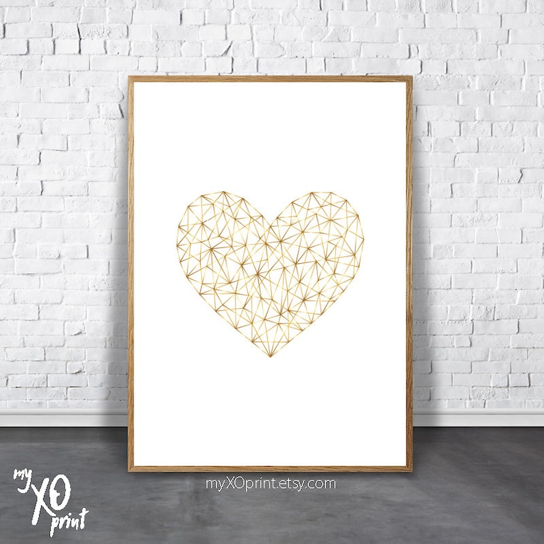 Heart Print Gold Heart Art Geometric Heart Bedroom Wall Etsy