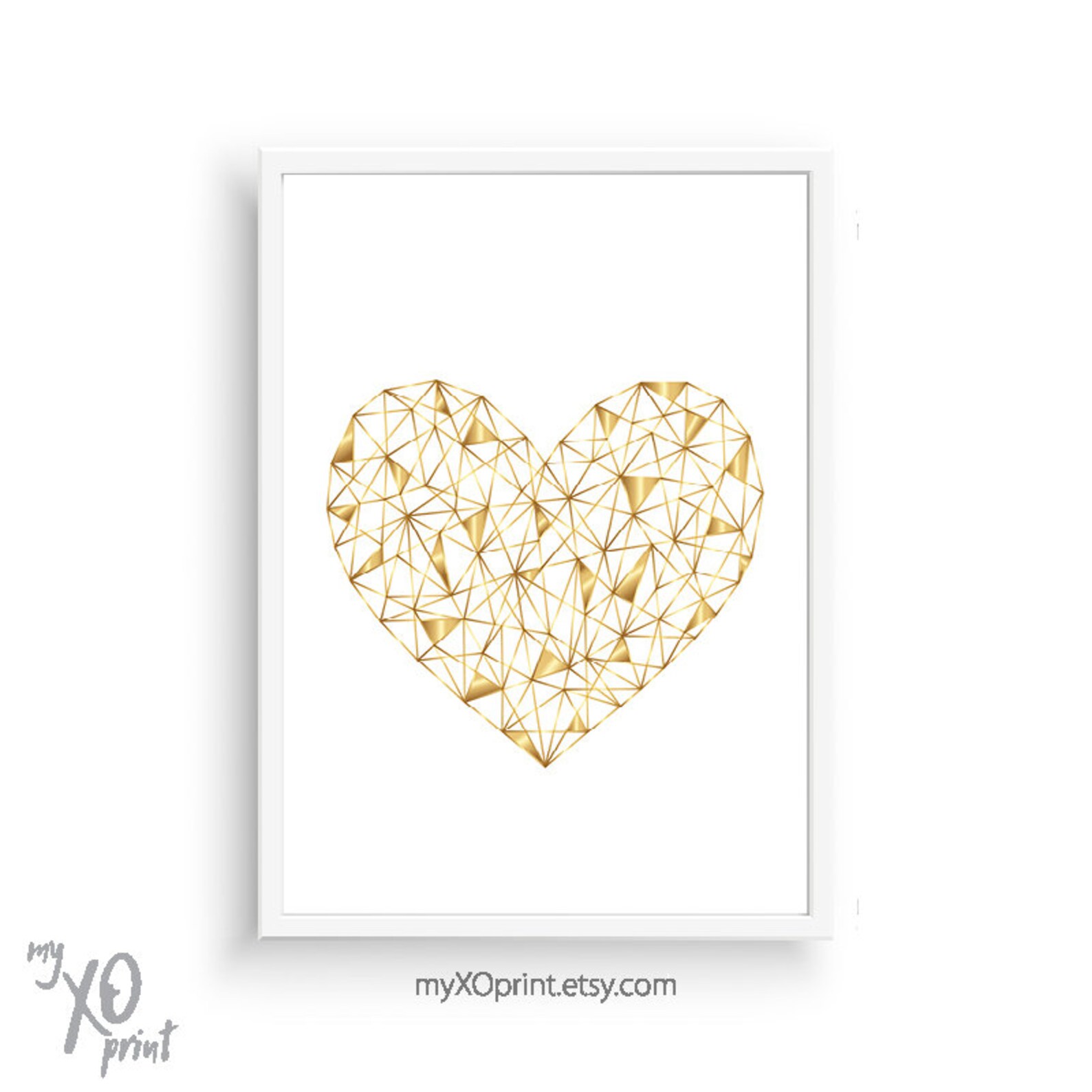 Gold Heart Print Heart Wall Art Geometric Heart Bedroom | Etsy