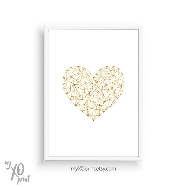 Heart Print Gold Heart Art Geometric Heart Bedroom Wall Etsy