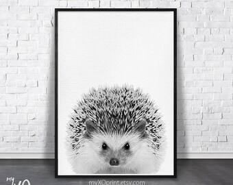 Nursery Animal Wall Art, Hedgehog Print, Woodland Animal Printable Art, Black And White, Digital Download, Baby Shower Gift, Kid Room Poster